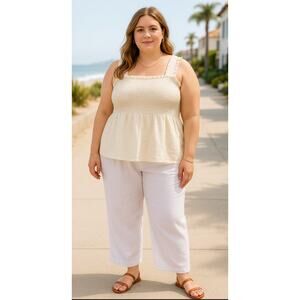 Market & Spruce Linen Blend Smocked Tank Ivory Neutral Size‎ L